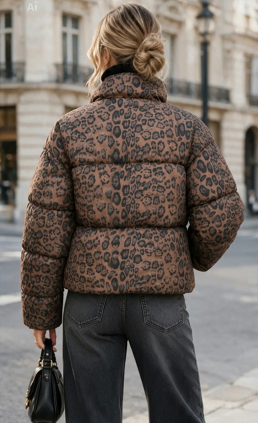 Damen Kurze Oversize Leoparden Daunenjacke – XXL Stehkragen, Stepp-Effekt & Modisch Schicker Stil