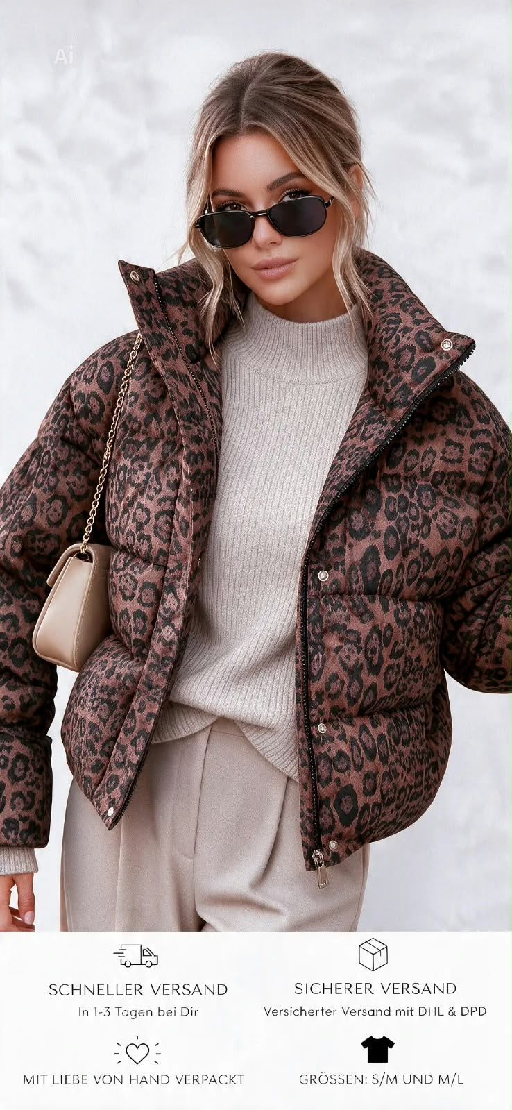 Damen Kurze Oversize Leoparden Daunenjacke – XXL Stehkragen, Stepp-Effekt & Modisch Schicker Stil
