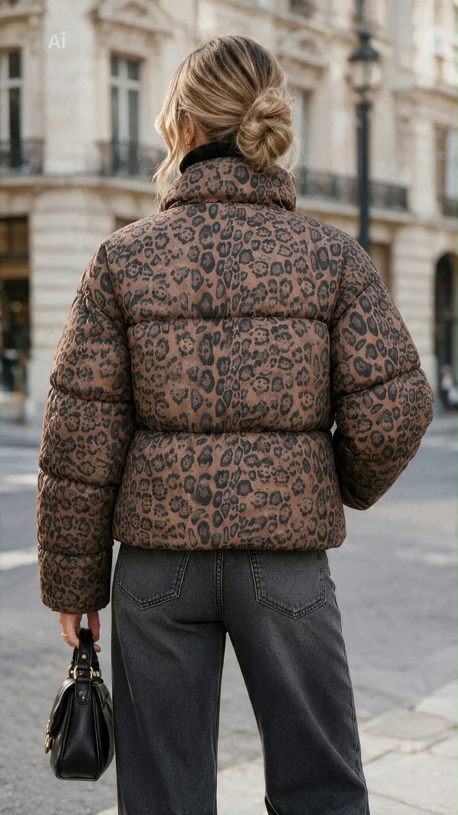 Damen Kurze Oversize Leoparden Daunenjacke – XXL Stehkragen, Stepp-Effekt & Modisch Schicker Stil