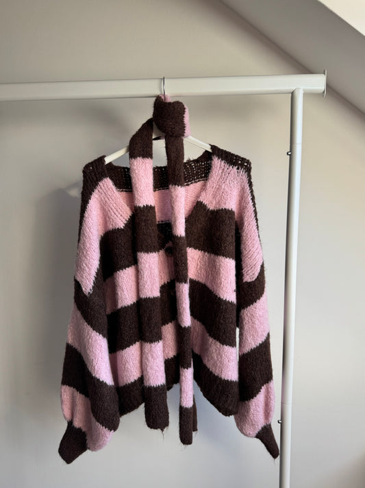 Cardi mit Schal Rosa / Braun