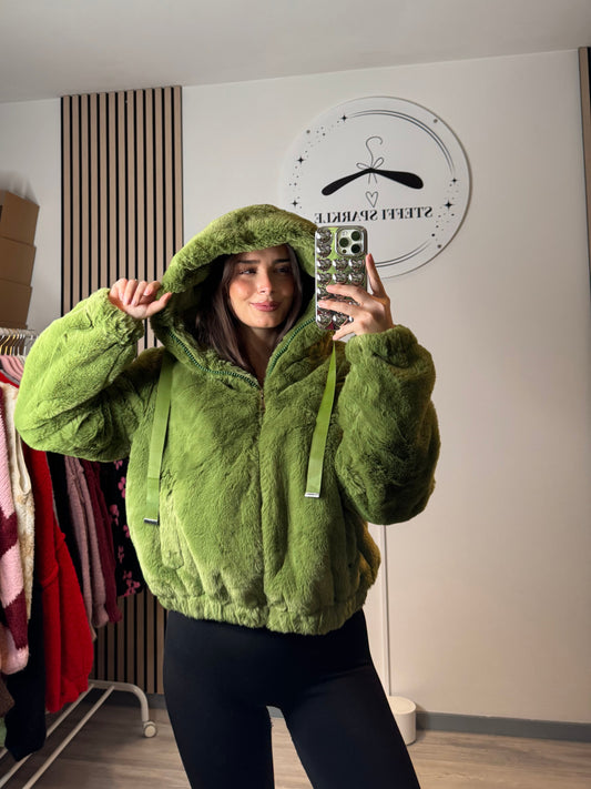 Teddy Jacke mit Kapuze - Grün