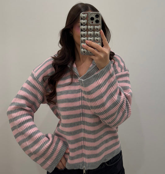 Ripped Zip Cardi - Rosa / Grau