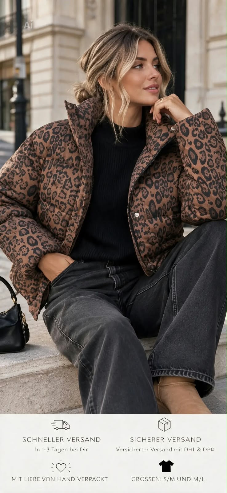 Damen Kurze Oversize Leoparden Daunenjacke – XXL Stehkragen, Stepp-Effekt & Modisch Schicker Stil